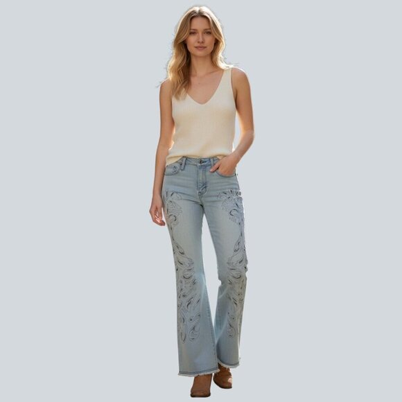 Duchesse Denim - Duchesse Light Wash Distressed Bootcut Flare Stretch Jeans Floral Eyelet Size 11